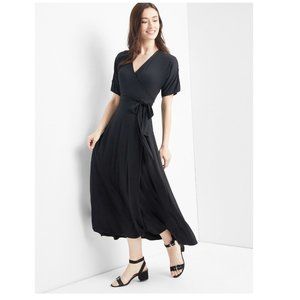 NWT GAP Short Sleeve Black Faux Wrap Midi Dress